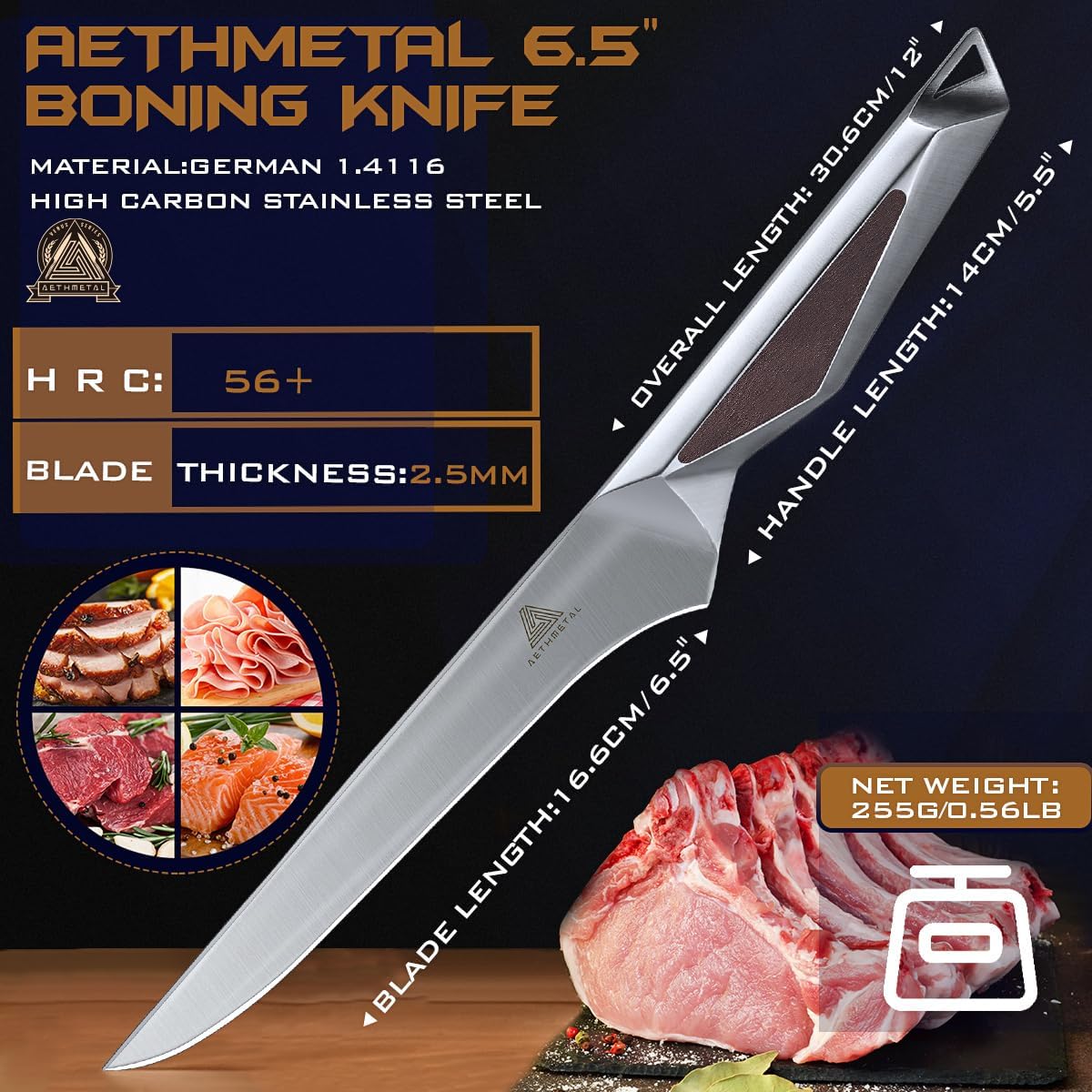 6.5 Inch Boning Knife, Full-Metal High-Carbon Stainless Steel Fillet & Meat Trimming Knife, Ergonomic Non-Slip Handle, Narrow Flexible Blade for Poultry, Beef, Fish