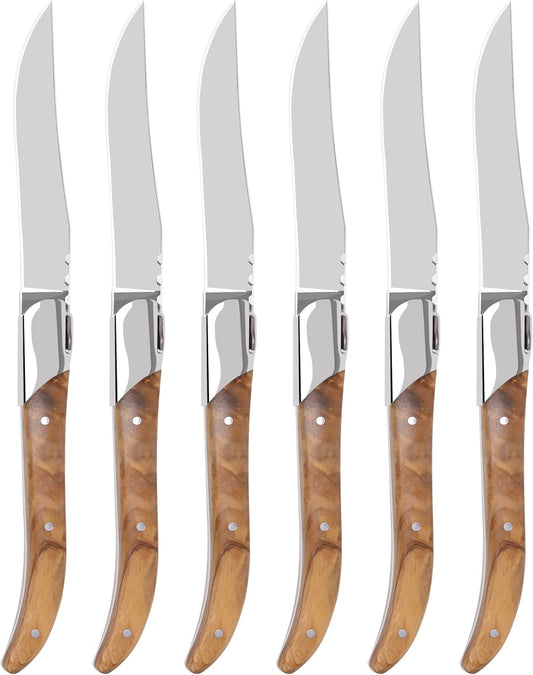 LUVCOSY Laguiole Style Steak Knife Set of 6, Non-serrated Steak Knife Set with Olive Wood Handle, Sharp Stainless Steel Steak Knives with Gift Box, Dinner Cutlery Set for Home Party