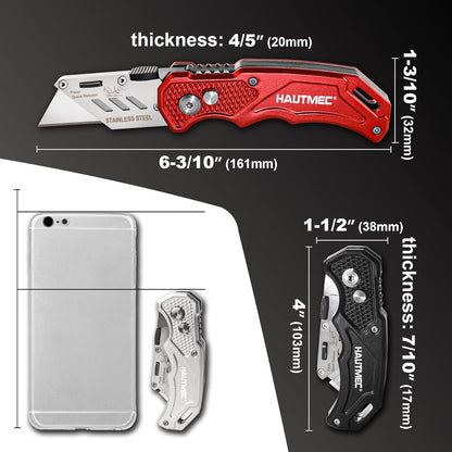 HAUTMEC 3-Pack Folding Utility Knife, Heavy-Duty Aluminum Box Cutter with Quick-Change Blades & Lock-Back Safety Design, Ergonomic Streamlined Grip Includes 15 Extra SK5 Blades, HT0429