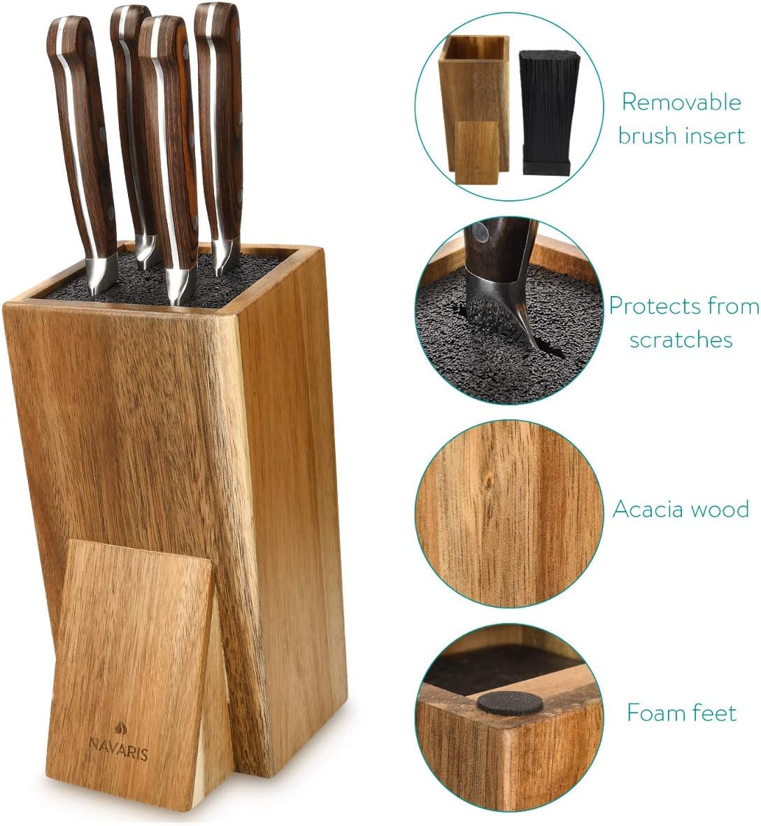 Navaris Universal Knife Block Holder - Rubber Wood Stand with Bristles to Fit Different Sizes of Knives - Angled Design, 9.8" x 5.9" x 4.1’" - Black