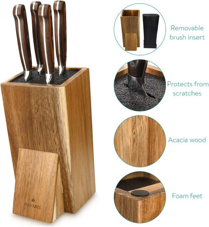 Navaris Universal Knife Block Holder - Rubber Wood Stand with Bristles to Fit Different Sizes of Knives - Angled Design, 9.8" x 5.9" x 4.1’" - Black