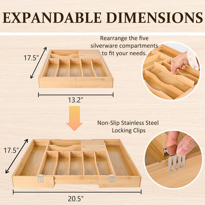 Silverware Organizer Expandable Bamboo Drawer Organizer with Non-Slip Stainless Steel Locking Clips, Kitchen Utensil Holder with Knife Block, Adjustable Cutlery Tray with Curved Grooves Dividers