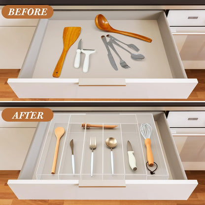 Teenyyou 1 Pack Expandable Kitchen Drawer Organizer Clear Acrylic Utensil Organizer Adjustable Acrylic Silverware Storage for Drawers Silverware Flatware Knives (12 x 16 Inches,6-8 Compartments)