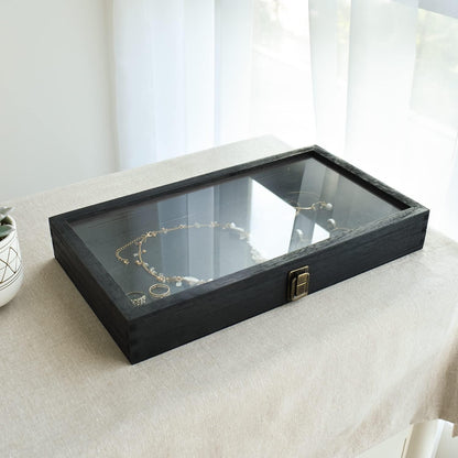 MOOCA 2 Pcs Wood Tempered Glass Top Jewelry Display Case Accessories Storage Box with Metal Clasp, Wooden Jewelry Tray for Collectibles, Pocket Knife Display Case, Brown Color