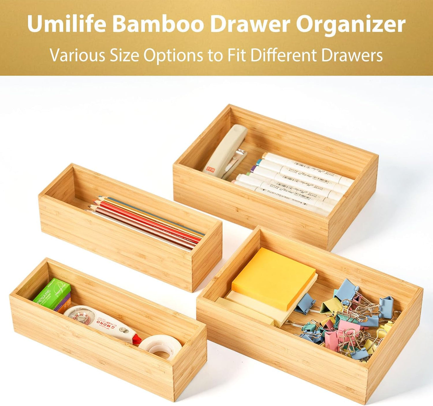 Umilife Bamboo Kitchen Utensils Organizer, Extra Long High Silverware Drawer Holder, Flatware Cutlery Storage Box, Multi-Use Drawer Divider in Office, Bathroom, Pantry - 17"x6"x2.5" (Set of 2)