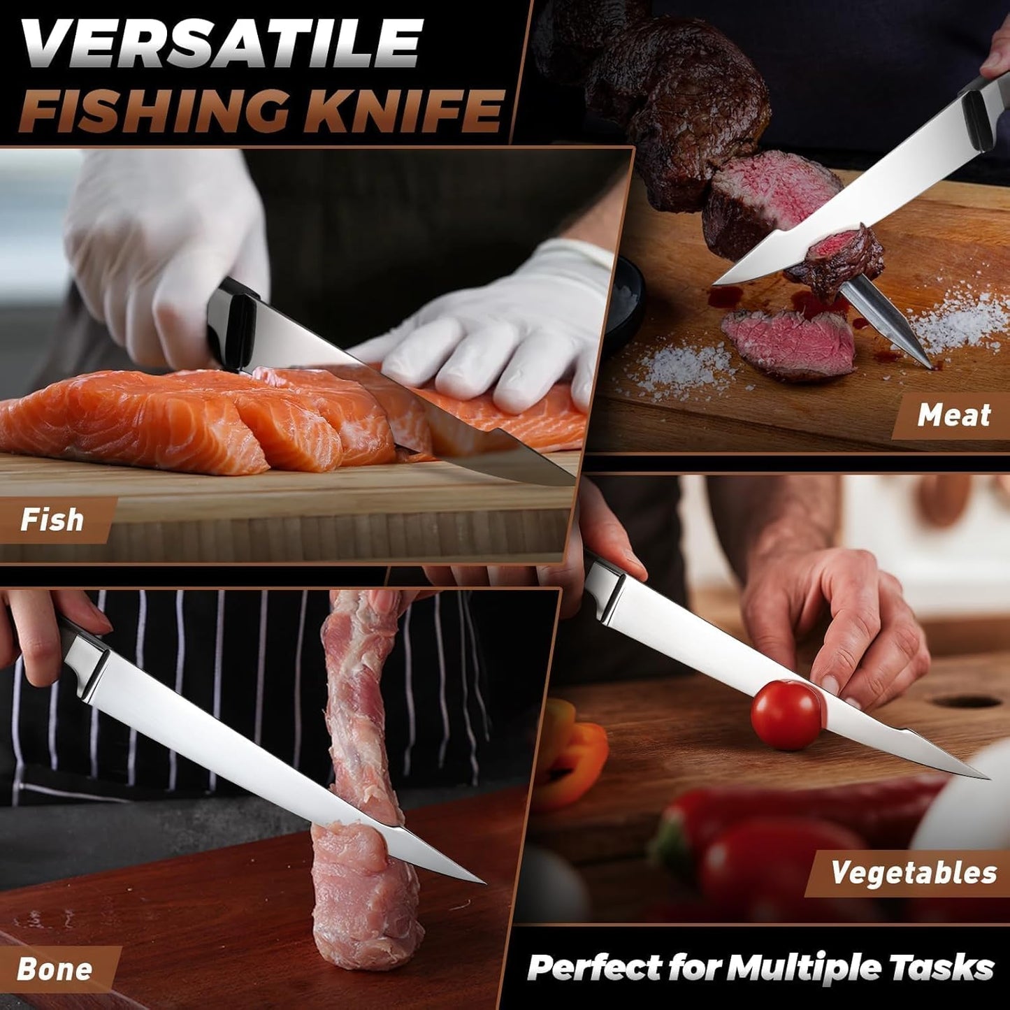 TAN REN Fillet Knife for Fish, 6inch Flexible Fishing Knife with Sheath, High Carbon Steel Salmon Fillet Knives, Sharp Fish Knives for Filleting and Cleaning
