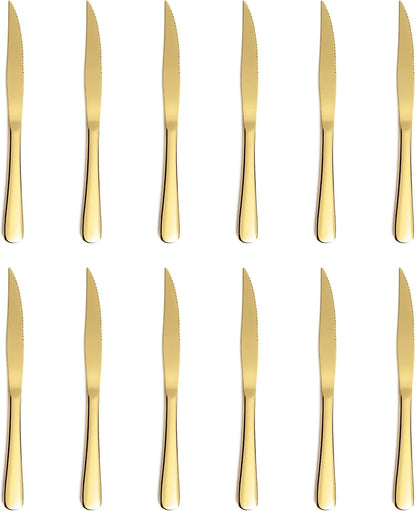 12-Piece Gold Steak Knives Set, Stainless Steel Serrated Dinner Knives, Dishwasher Safe