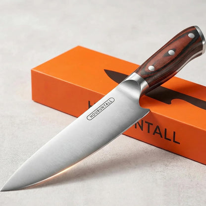 8 Inch Chef Knife, Safety Notch for Finger Protection to Prevent Blade Injuries, Forged 5CR15MOV Stainless Steel 2.5mm Thick Blade, Well-Balanced Ergonomic Handle for Pro Chefs & Cooking Enthusiasts