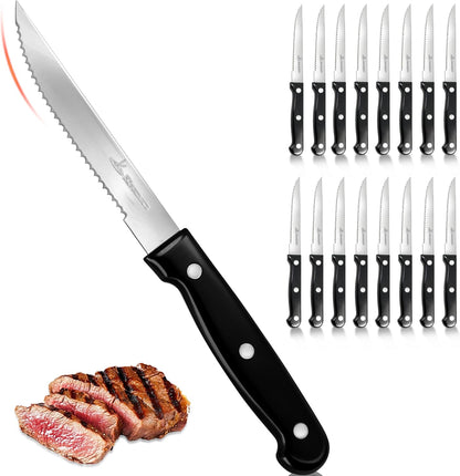 Upgraded Steak Knives Set of 8, Uncoated Stainless Steel Serrated Steak Knife Set, 4.5 Inch Steak Knife with Ergonomic Handle and Sharp Blades, Dishwasher Safe Dinner Knives for Kitchen, Restaurant