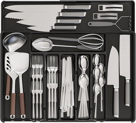 Expandable Silverware Organizers for Kitchen Drawers,Large BPA Free Cutlery Organizer in Drawer,Plastic Utensil Drawer Organizer Suitable as Flatware,Knife,Fork,Spoon,Silverware Holder and Tray,Black