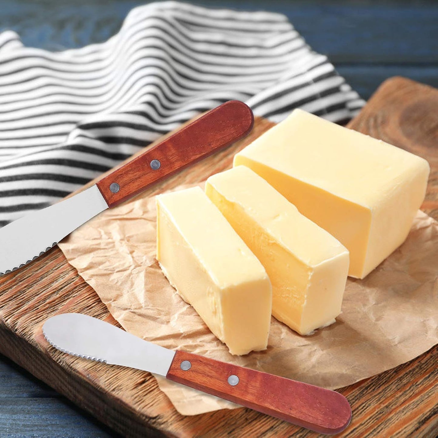 DaKuan 8 Inch, 6 Pack Stainless Steel Straight Edge Wide Butter Spreader with Wood Handle, 8 Inch Sandwich Cream Cheese Condiment Knives