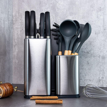 KAUKKO Universal Knife Block Holder, Large Stainless Steel Kitchen Knife Organizer, Modern Countertop Space Saver Knife Storage Stand with Scissors-slots (Knives Not Included)