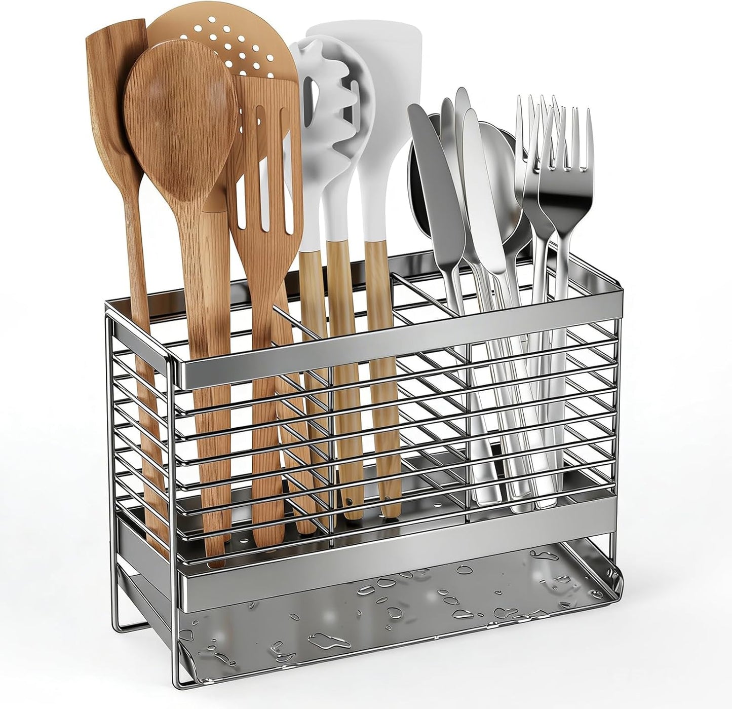 Utensil Holder, Upgrade Stainless Steel Utensil Drying Rack with Automatic Drain Tray for Kitchen Counter, Silverware Cutlery Organizer for Spoons, Forks, Knifes, Chopsticks (Black)