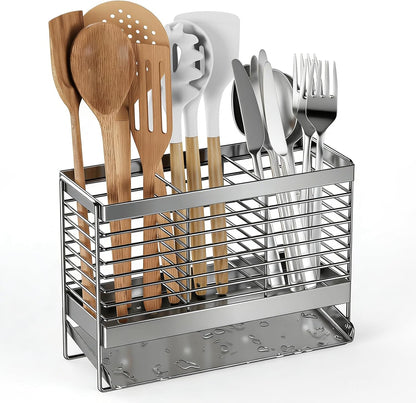 Utensil Holder, Upgrade Stainless Steel Utensil Drying Rack with Automatic Drain Tray for Kitchen Counter, Silverware Cutlery Organizer for Spoons, Forks, Knifes, Chopsticks (Black)