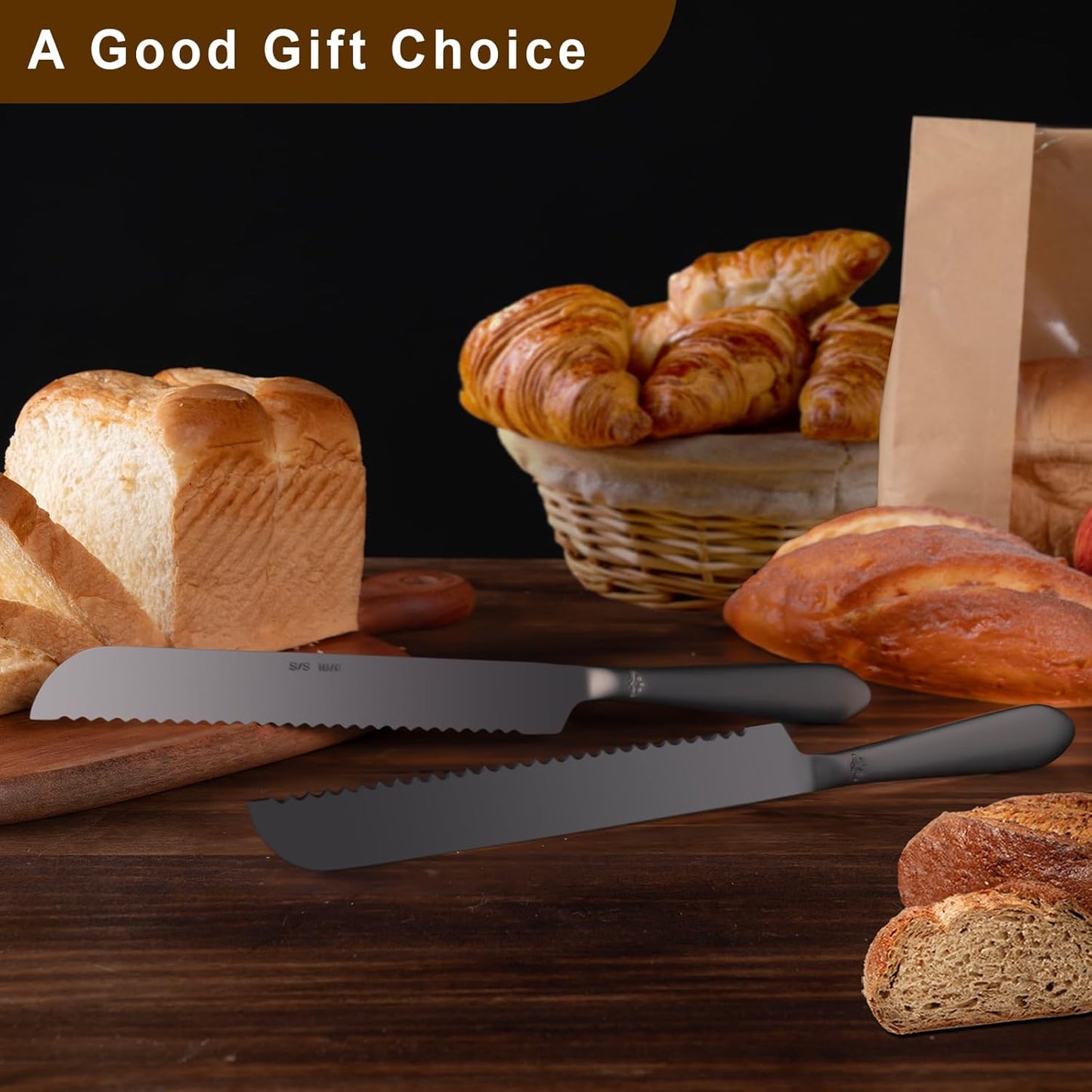 Eisinly Bread Cutting Knife, 13 Inches Serrated Bread Knives for Homemade Bread, Stainless Steel Long Bread Slicing Knife for Baker, Baking Lover, 2PCS Matte Black