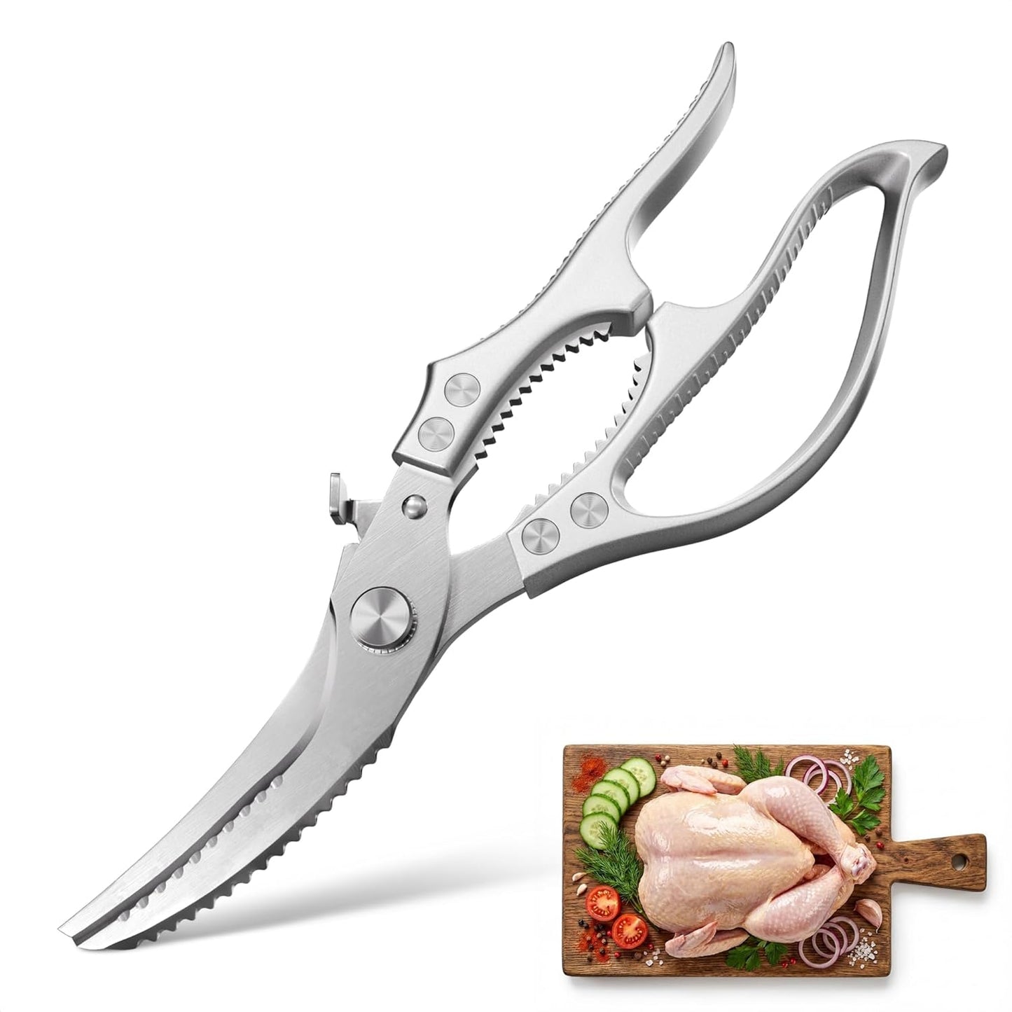 Stainless Steel Poultry Shears – Heavy Duty Kitchen Shears for Food with Hardened Blades, One-Hand Safety Lock, Spring Mechanism, Dishwasher Safe – Chicken, Meat Cutting, Turkey, Fish, and Vegetables