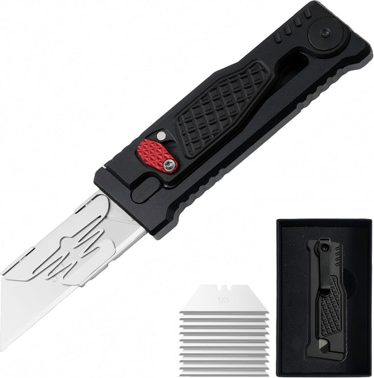 5.8" Aluminium Utility Knife, EDC Box Cutter with Clip, CNC Unibody, Lightweight All Metal Folding Box Cutter, Ideal Gifts for Men Women, with 10 Extra Blades（Orange）