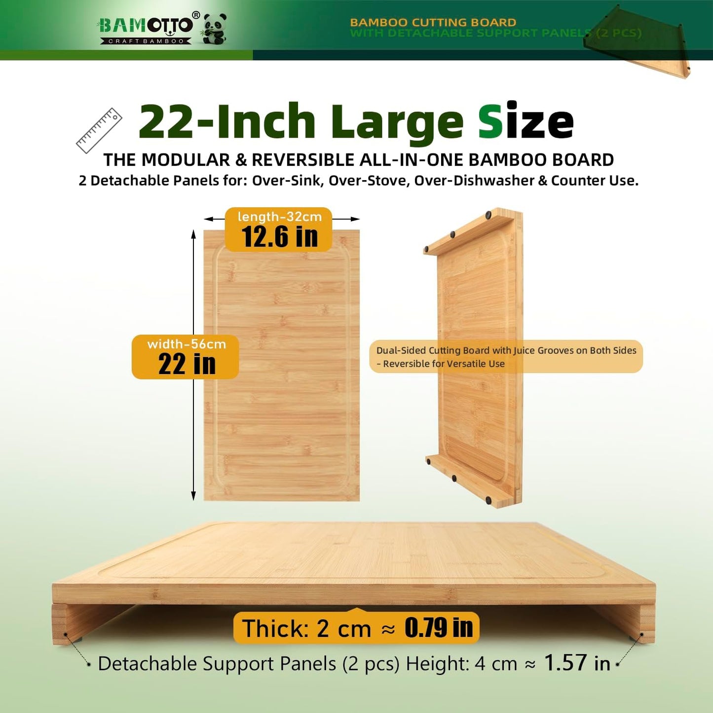 BAMOTTO CRAFTBAMBOO 18.1x21.3 Inch Large Bamboo Cutting Board with 2 Detachable Support Panels, Reversible, Kitchen Countertop Dishwasher Cover & Over Sink, Tray and Carving Board