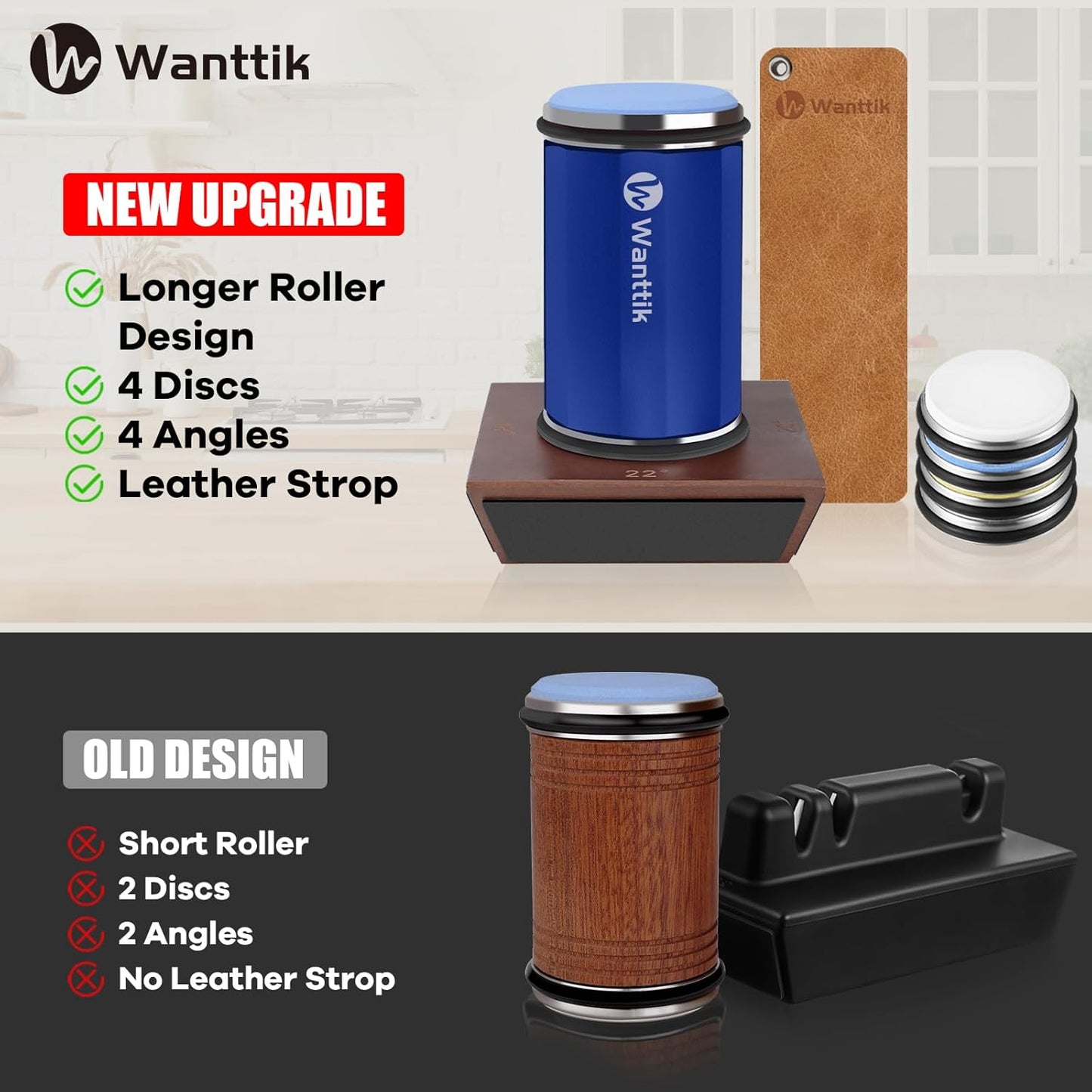 Rolling Knife Sharpener Kit, Upgraded Roller Knife Sharpener with Leather Strop for Kitchen Knives, 4-Disc Rolling Stone Sharpener with 15&18&20&22 Degree Sharpening, Gold