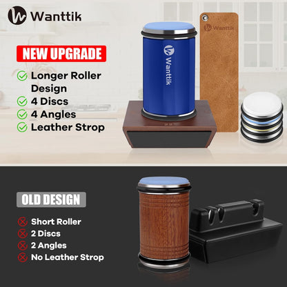 Rolling Knife Sharpener Kit, Upgraded Roller Knife Sharpener with Leather Strop for Kitchen Knives, 4-Disc Rolling Stone Sharpener with 15&18&20&22 Degree Sharpening, Gold