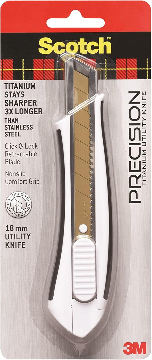 Scotch Titanium Snap-Off Utility Knife – Large 18mm Heavy-Duty Cutter with Locking Retractable Blade, Comfort Grip (Titanium 3X Sharper, Ideal for Boxes & Crafts)