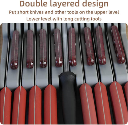 Drawer Knife Organizer, Kitchen Plastic Drawer Knife Block Holder Storage Sets for 16 Knives and 1 Sharpening Steel Extra Large Steak Chefs Knives Holder