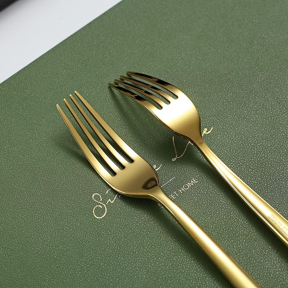 Gold Steak Knives Set 12 Piece, Premium Stainless Steel 6 Dinner Forks and 6 Dinner Knives Set, Steak Knives Steak Forks for 6 Person, Dishwasher Safe (Shiny Gold)
