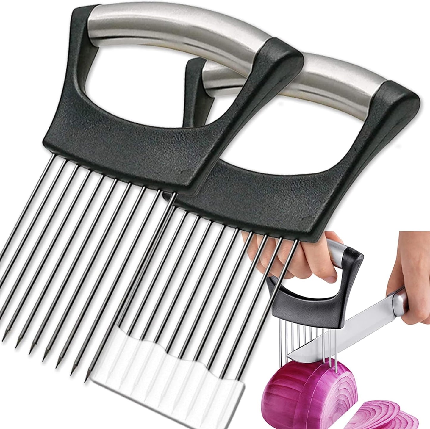 ESINAM Onion Slicer Holder, Premium Vegetable Slicer Cutter for Potato and Tomato, Sharp Stainless Steel Food Slicer Assistant Tool for Slicing Fruit Lemon and Meat