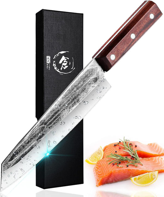 TOMBRO Chef Knife, 8.15" Forged Bunka Sashimi Knife, High Carbon Steel Kiritsuke Kitchen Knife with Octagonal Wooden Handle Professional for Cooking in Kitchen, Restaurant