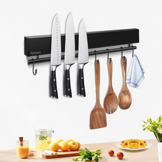 17 inch magnetic knife holder with 10 hooks, No Drilling black knife magnetic strip and utensil hanger for wall, Powerful knife magnet rack include tape and screws