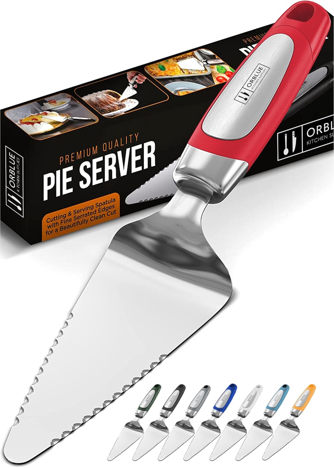 Orblue Pie Server, Essential Kitchen Tool, Serrated on Both Sides, Great for Right or Left Handed Chef, Stainless Steel Flatware , Cake Cutter,White