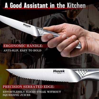 Huusk Serrated Steak Knives Set, 4.5" Japanese Stainless Steel Steak Knives Set of 8, Sharp Dishwasher Safe Dinner Knife for Kitchen Table with Gift Box, Christmas Gifts for Men Women