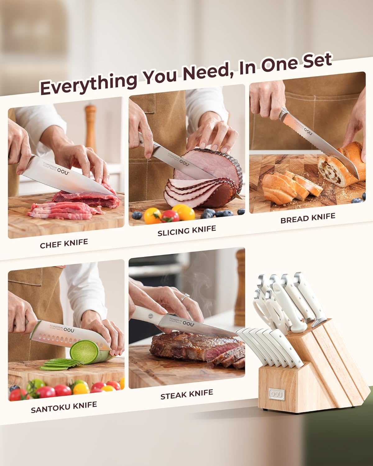 OOU 2025 Kitchen Knife Set with Block, 15-Piece German Stainless Steel Knife Blcok Set with Sharpening Rod, Ergonomic Wood Handle,Premium Razor-Sharp Knives Set for Kitchen