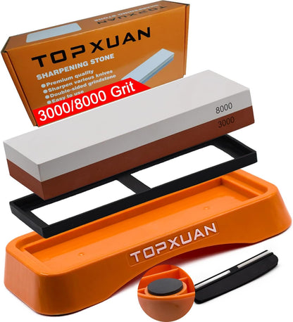 Knife Sharpening Stone 2 Sided 240/800 Grit Sharpener Waterstone,Professional Kitchen Whetstone with Orange Plastic Base,Non-slip Rubber and Angle Guide