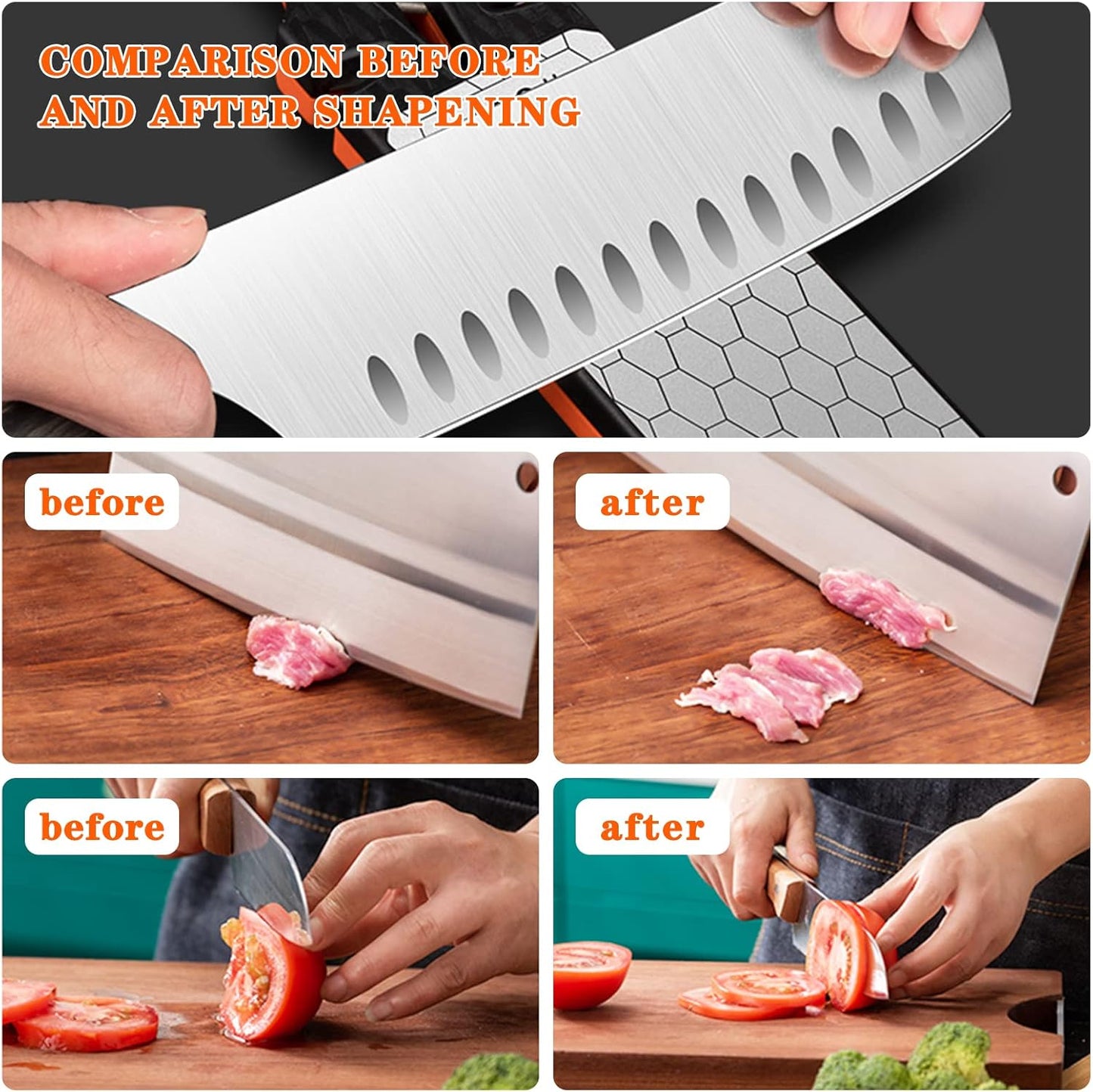 Diamond Sharpening Stone,400/1000 Grit Handheld Double-Sided Diamond Sharpener 5 in 1 Honeycomb Surface Knife Sharpener Plate Whetstone with Ceramic & Tungsten Steel Scissor Slot,Red