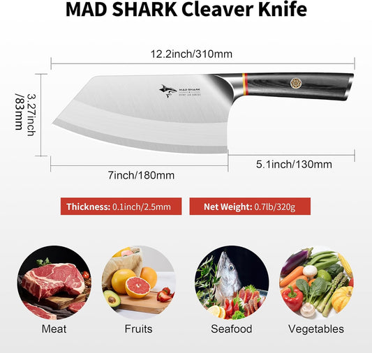 MAD SHARK 7.5 Inch Meat Cleaver Knife, Professional Bone Chopping Butcher with Heavy Duty Blade, German Military Grade Composite Steel, Chinese Chef's Bone Cutting Knife for Home Kitchen & Restaurant