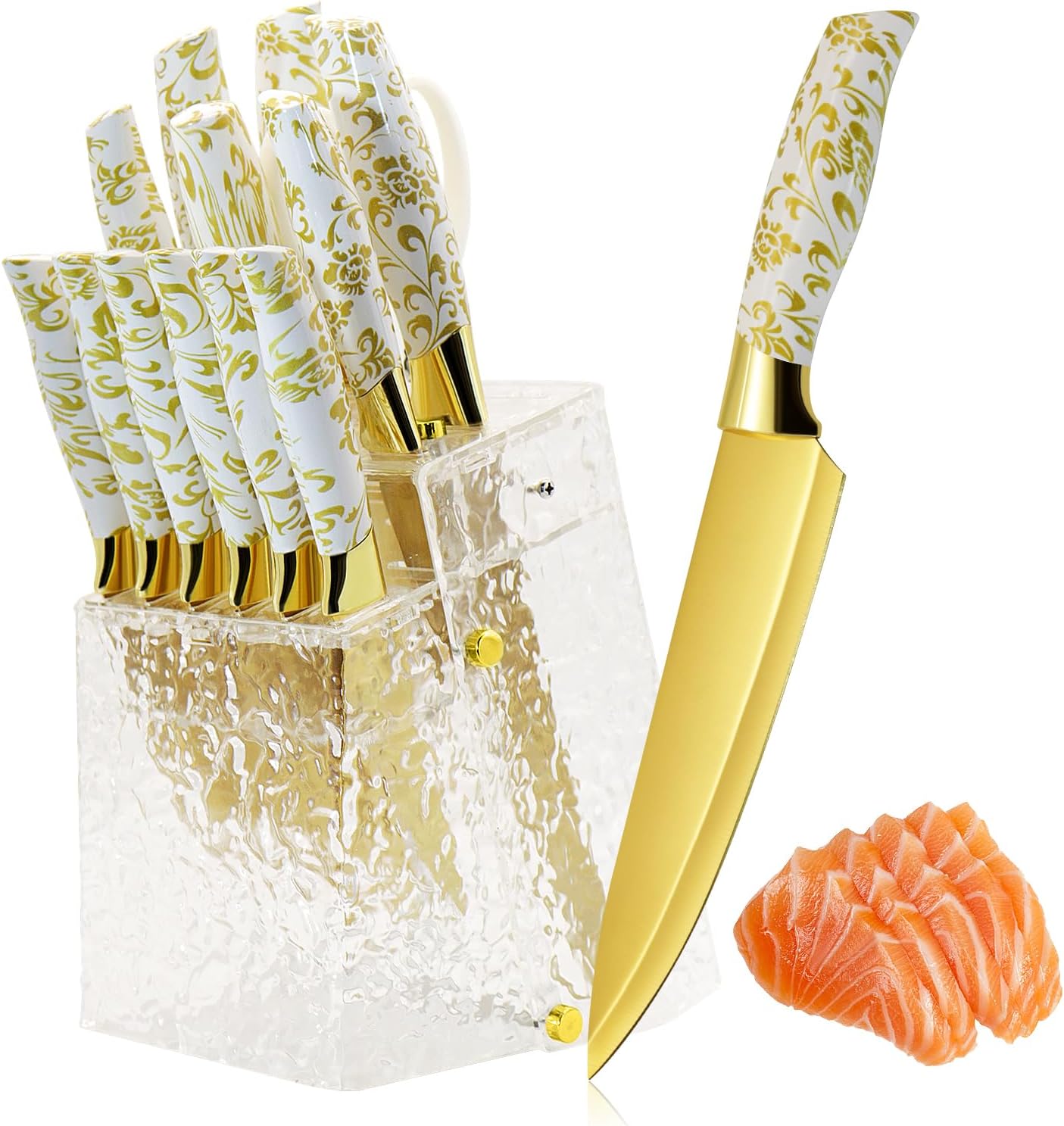 Kitchen Knife Set Non Stick Knives with Block, Serrated Steak Knife, Chef Knife, Bread Knife, Scissors, Sharpener, 14Pcs Stainless Steel Ultra-Sharp Cutlery Block Sets with Titanium Coated Blade