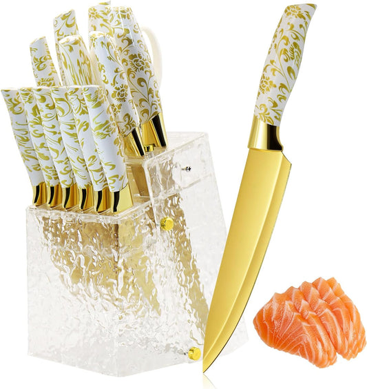 Kitchen Knife Set Non Stick Knives with Block, Serrated Steak Knife, Chef Knife, Bread Knife, Scissors, Sharpener, 14Pcs Stainless Steel Ultra-Sharp Cutlery Block Sets with Titanium Coated Blade