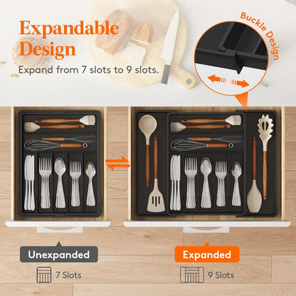 Lifewit Silverware Drawer Organizer, Expandable BPA Free Plastic Utensil Tray for Kitchen, Adjustable Flatware Cutlery Holder for Spoons Forks Knives, 21.3- 36 x 16.9", Gray