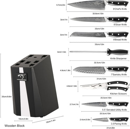 NANFANG BROTHERS Knife Sets for Kitchen with Block, Damasucs Kitchen Knife Sets 9 Pieces with Ergonomic Triple Rivet Handle, Kitchen Knives for Chopping, Slicing, Dicing & Cutting