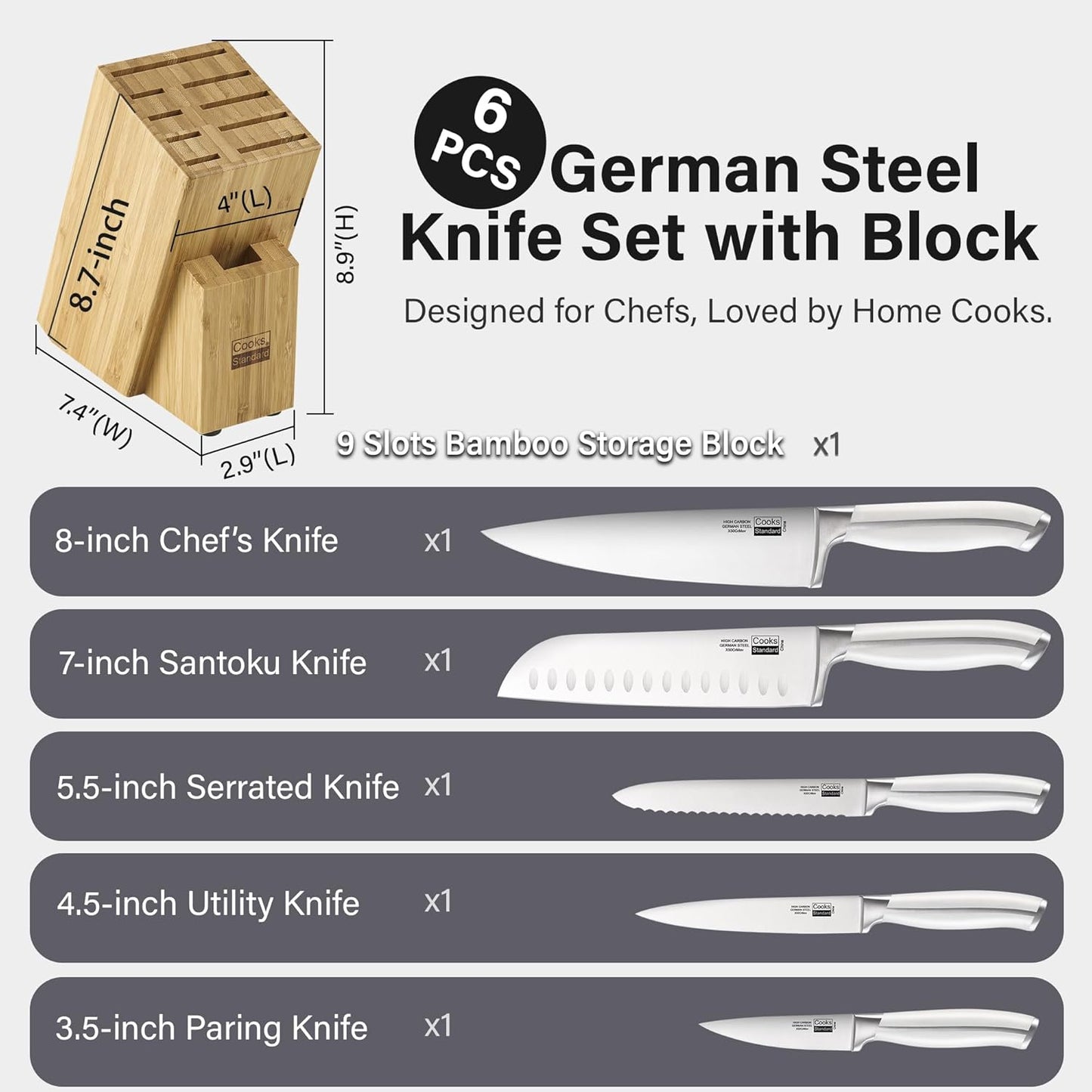 Cooks Standard Kitchen Knife Set with Block 6-Piece, Stainless Steel Forge High Carbon German Blade with Expandable Bamboo Storage Block for Extra Slots, Silver