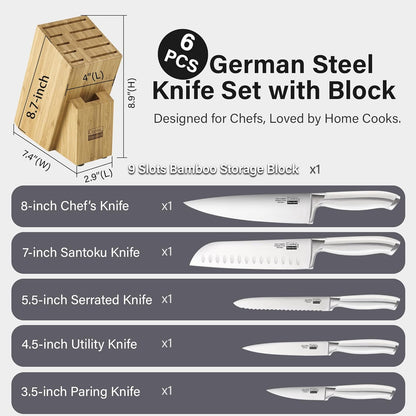 Cooks Standard Kitchen Knife Set with Block 6-Piece, Stainless Steel Forge High Carbon German Blade with Expandable Bamboo Storage Block for Extra Slots, Silver