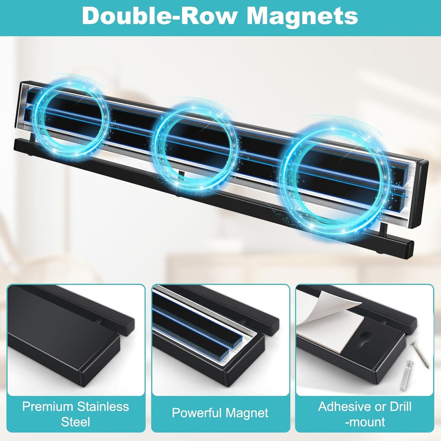 16 Inch Magnetic Knife Holder for Wall with 10 Hooks, No Drilling Magnetic Knife Strip Adhesive Magnet Bar, Wall Mount Knives Block Utensil Holder Stainless Steel Tool Rack for RV Kitchen Organization