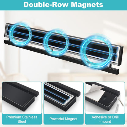 16 Inch Magnetic Knife Holder for Wall with 10 Hooks, No Drilling Magnetic Knife Strip Adhesive Magnet Bar, Wall Mount Knives Block Utensil Holder Stainless Steel Tool Rack for RV Kitchen Organization