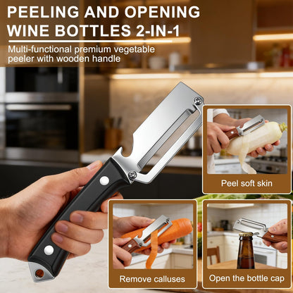 2PCS Premium Vegetable Peeler with Wooden Handle and Bottle Opener, Multifunctional Vegetable Peeler, 2-In-1 Stainless Steel Blade Peeler Knife for Potato Fruit Pineapple Pumpkin Papaya Carrot (A)
