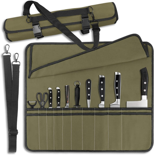 QIQU Orange Chef Knife Bag With 20 Slots Cutlery Knives Holders Protectors, Home Kitchen Travel Cooking Tools, Portable Canvas Knife Roll Storage Bag Chef Case for Camping or Working