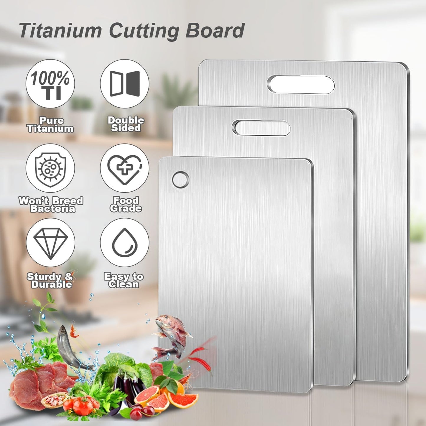 100% Pure Titanium Cutting Board Set of 3, 2026 New Upgrade Titanium Cutting Boards for Kitchen, Double Sided Non-Toxic Food-Grade Chopping Board, Dishwasher Safe (S+M+L)