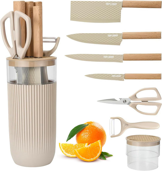 Green Knife Set, 6 Pieces Professional Kitchen Knife Set with Universal Knife Block, Super Sharp Knife Set with Ergonomic Handle Non-stick Stainless Steel Knife Block Set (Green)