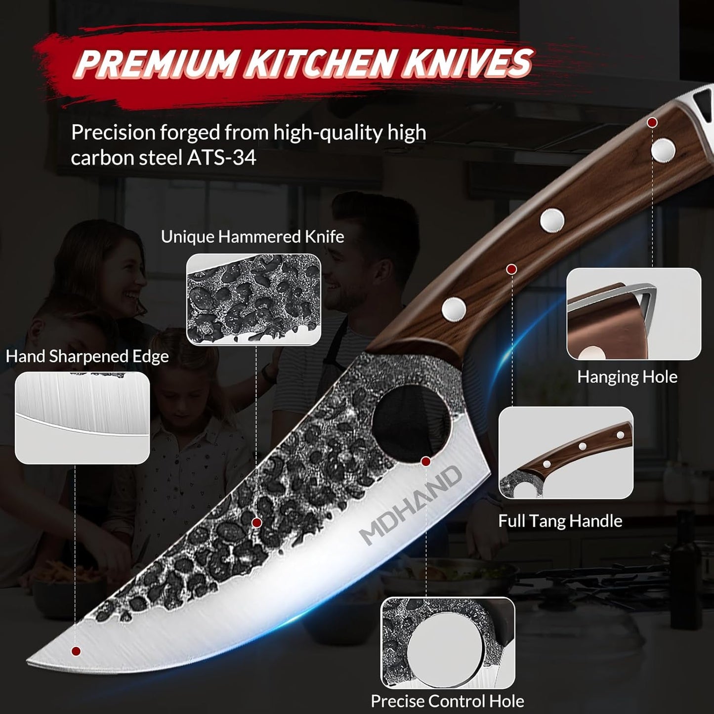 MDHAND Butcher Knife Set, 12PCS Hand Forged Serbian Chef Knife Set with Bag, High Carbon Steel Full Tang Kitchen Knives Set, Meat Cleaver & Boning Knife for Brisket Trimming BBQ Camping, Gift for Men
