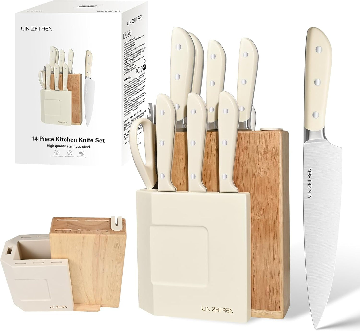 13 Piece Knife Set，Kitchen Knife Block Set，White stainless steel knife set with sharpener for Chopping, Slicing, Dicing & Cutting，Dishwasher safe